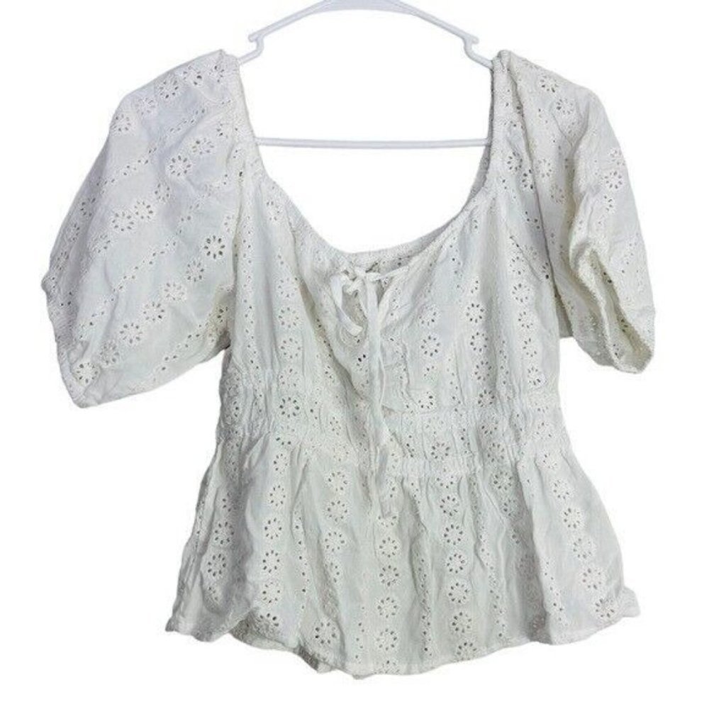 Sim & Sam Women's Embroidery Cropped Blouse SizeM Balloon Sleeve Rayon White.